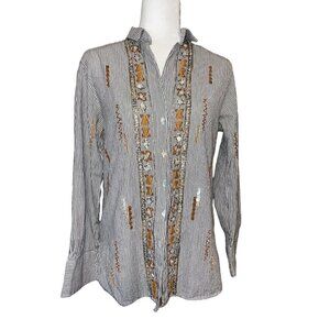 Zara Premium Denim Collection Embroidered Beaded Long Sleeve Button Blouse Size